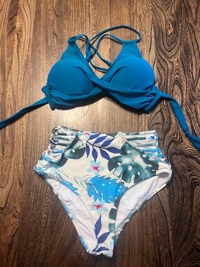 Cupshe Teal Bikini Top with White Tropical High-Waist Bottoms